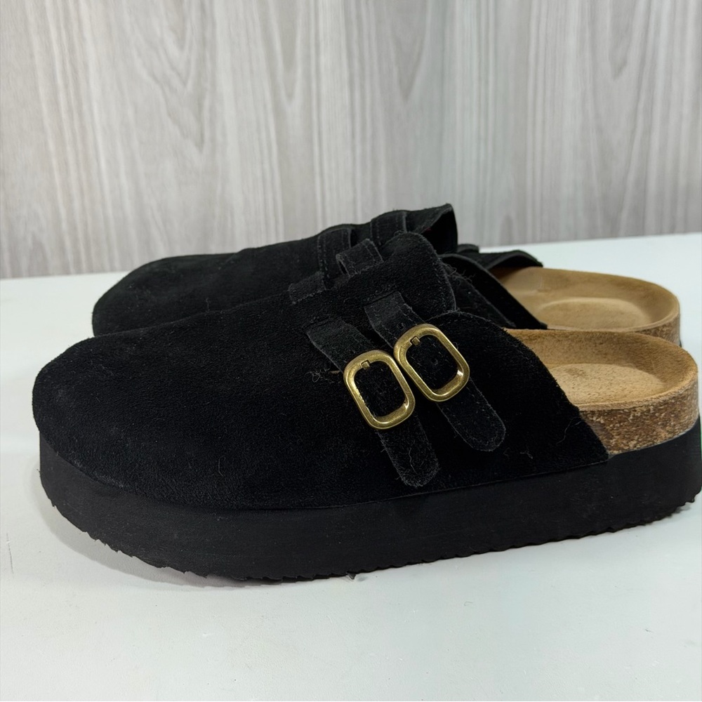 Project Cloud‎ Clog Black Suede Memory Foam Comfort Platform Buckle Slip On Sz 8